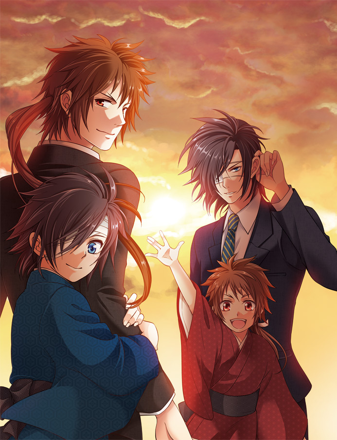 4boys age_comparison bandage_over_one_eye black_hair blue_eyes blue_kimono brown_hair cloud cloudy_sky contemporary date_masamune_(sengoku_basara) dual_persona eyepatch formal_clothes japanese_clothes kimono long_hair low_ponytail male_focus medical_eyepatch multiple_boys necktie ponytail red_eyes red_kimono sanada_yukimura_(sengoku_basara) sengoku_basara short_hair sky smile suit sunset warabi_(waradoko) waving