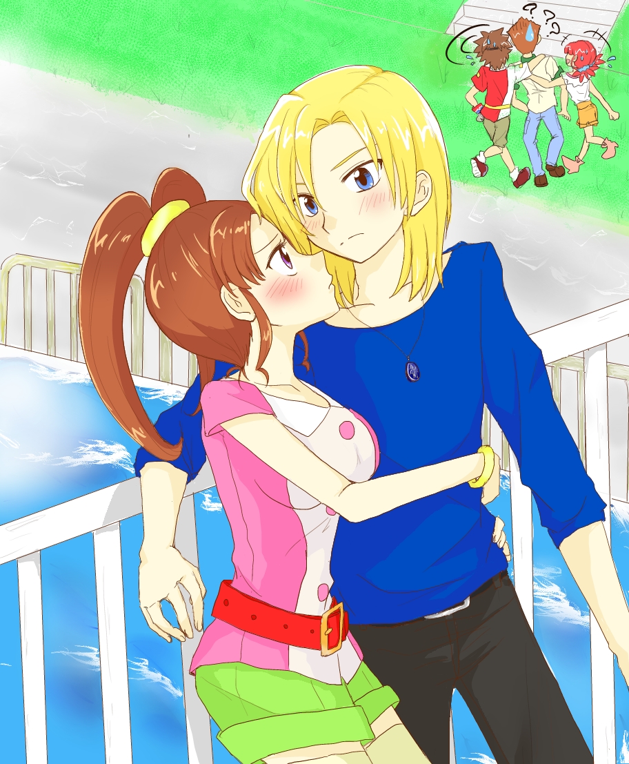 amano_nene_(digimon_xros_wars) aonuma_kiriha couple digimon digimon_xros_wars hair_ornament hairclip hinomoto_akari kudou_taiki long_hair ponytail split_ponytail tsurugi_zenjirou