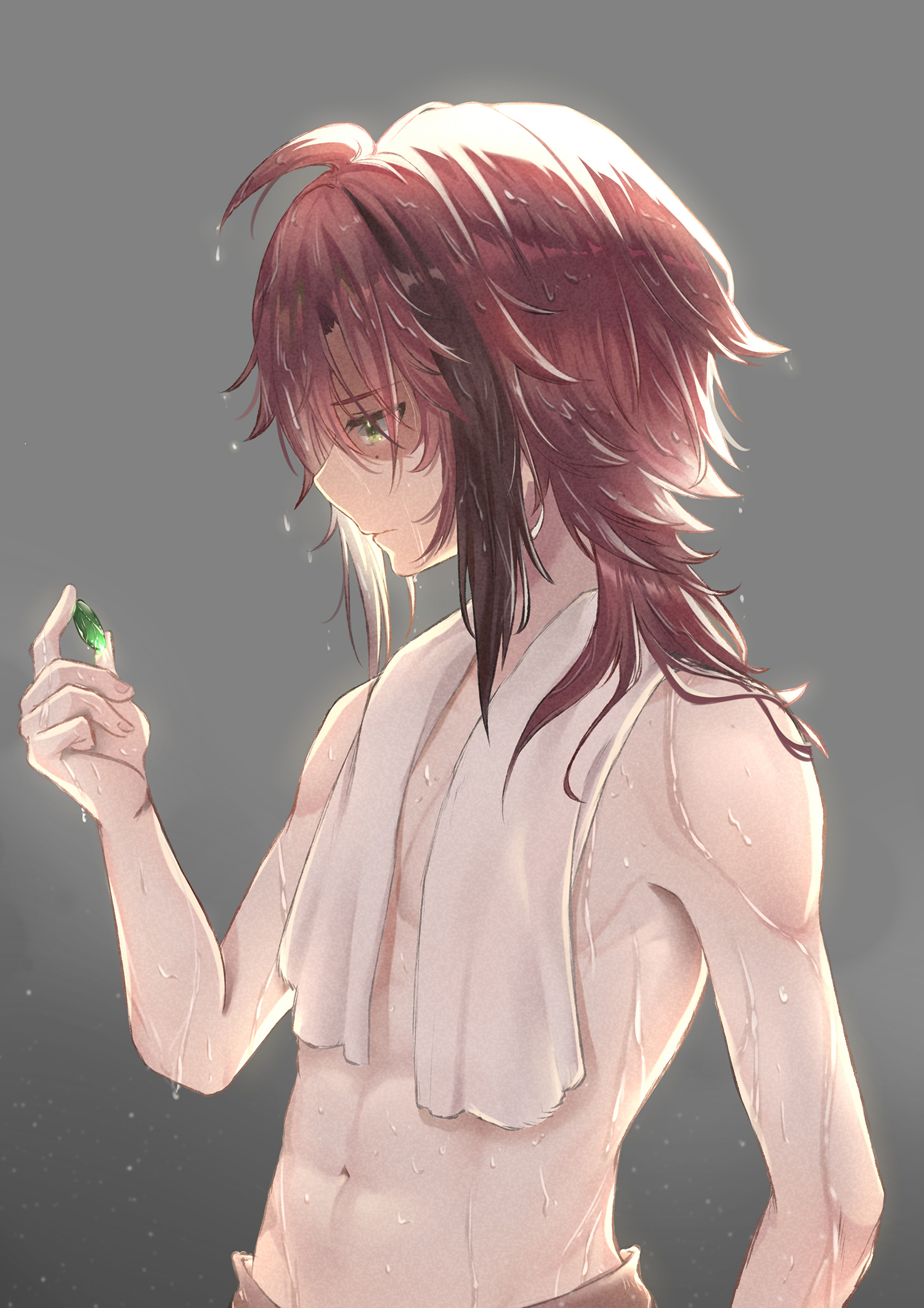 1boy brown_shorts closed_mouth genshin_impact green_eyes hair_between_eyes highres kuro_tsubasa long_hair male_focus mole mole_under_eye multicolored_hair navel red_hair shikanoin_heizou shorts solo stomach topless_male towel towel_around_neck