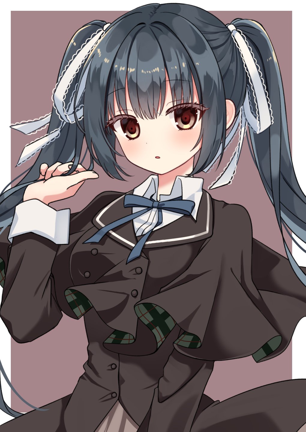 1girl black_capelet black_dress black_hair blue_ribbon border breasts brown_background brown_eyes buttons capelet collared_shirt colored_eyelashes double-breasted dress expressionless eyelashes hair_between_eyes hair_ribbon hand_in_own_hair highres honma_misuzu light_blush long_hair long_sleeves looking_at_viewer medium_breasts neck_ribbon parted_lips ribbon sakura_no_toki sakura_no_uta school_uniform shirt simple_background sleeve_cuffs solo standing straight_hair tomorubasyo twintails two-tone_background upper_body white_border white_ribbon white_shirt white_sleeve_cuffs