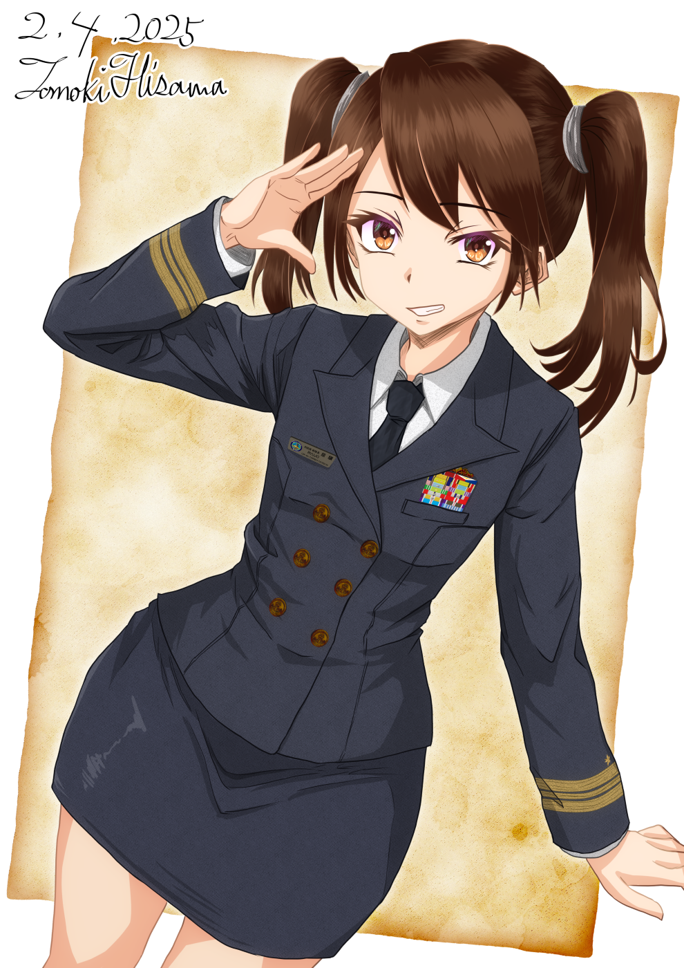 1girl alternate_costume artist_name black_jacket black_necktie black_skirt brown_eyes brown_hair buttons collared_shirt dated double-breasted highres hisamatomoki jacket japan_maritime_self-defense_force japan_self-defense_force kantai_collection long_sleeves looking_at_viewer military military_dress_uniform military_rank_insignia military_uniform naval_dress_uniform naval_uniform necktie one-hour_drawing_challenge ribbon_bar ryuujou_(kancolle) salute shirt skirt solo twintails white_shirt