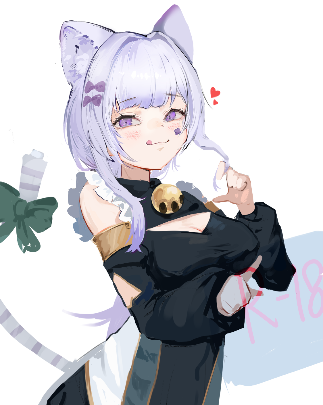 1girl :3 animal_ears bell black_dress black_sleeves breasts cat_ears cat_girl cleavage_cutout clothing_cutout detached_sleeves dress highres holographic_touchscreen jingle_bell maliss_&lt;p&gt;_chessy_cat medium_breasts nbee_ya purple_hair smile smug solo white_background yu-gi-oh!