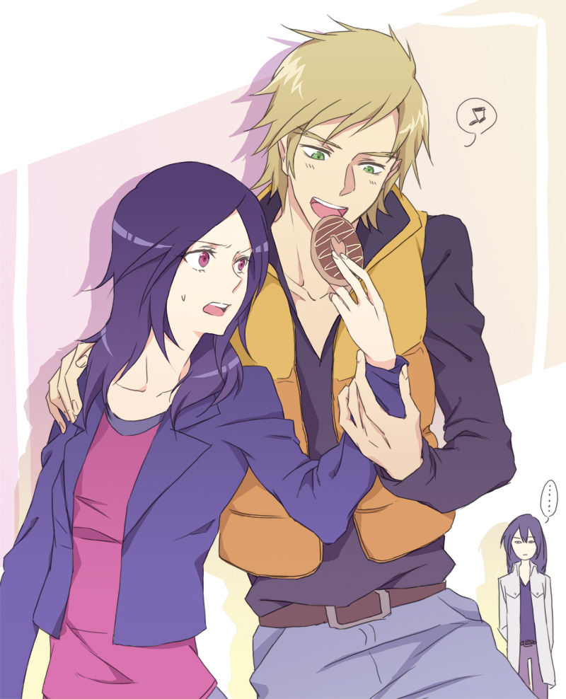 ... 1girl 2boys :d belt belt_buckle black_shirt blazer blonde_hair blue_jacket brown_belt buckle collarbone donut food fresh_precure! green_eyes grey_pants hand_on_another&#039;s_shoulder higashi_setsuna holding holding_food jacket long_hair long_sleeves multiple_boys musical_note negom open_clothes open_jacket open_mouth pants precure purple_hair red_eyes red_shirt shirt smile souler speech_bubble spiked_hair sweatdrop wester white_background