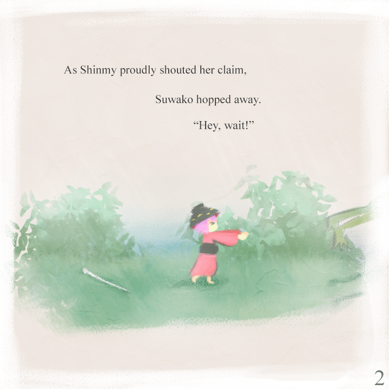 1girl bowl bowl_hat commentary english_commentary english_text frog hat japanese_clothes kimono lad_der moriya_suwako moriya_suwako_(frog) needle outdoors red_kimono sash sukuna_shinmyoumaru touhou