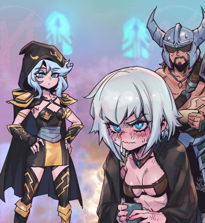 1boy 2girls ashe_(league_of_legends) beard black_cape black_dress blue_eyes blurry blurry_background blush breasts cape collarbone dress facial_hair fake_horns feet_out_of_frame grey_hair hands_on_own_hips helmet holding hood hooded_cape horned_helmet horns league_of_legends medium_breasts medium_hair multicolored_background multiple_girls muscular muscular_male orange_dress phantom_ix_row sejuani sick small_breasts standing tryndamere