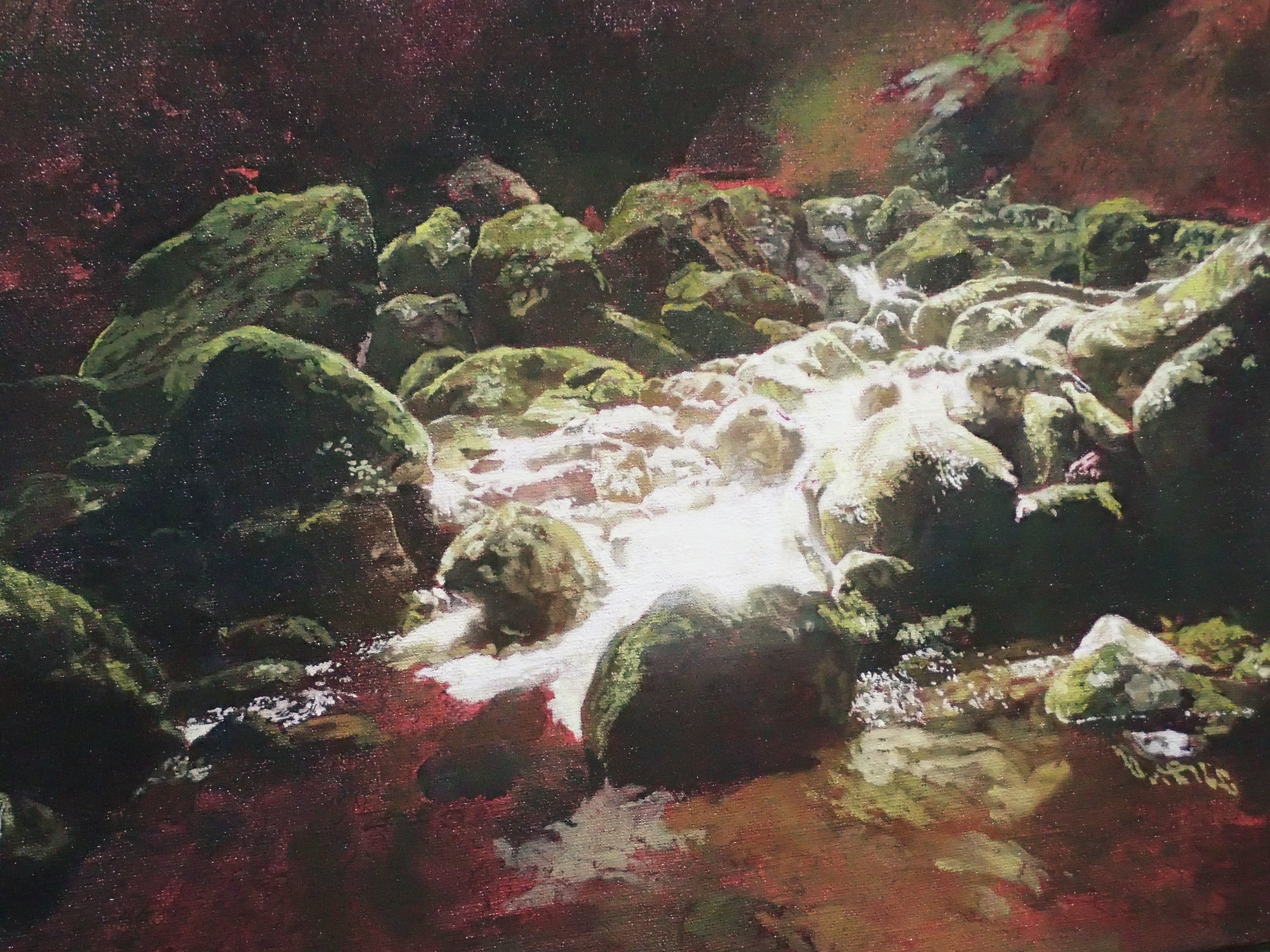 absurdres commentary_request highres naohiro_ito no_humans oil_painting_(medium) original painting_(medium) river rock scenery stream traditional_media