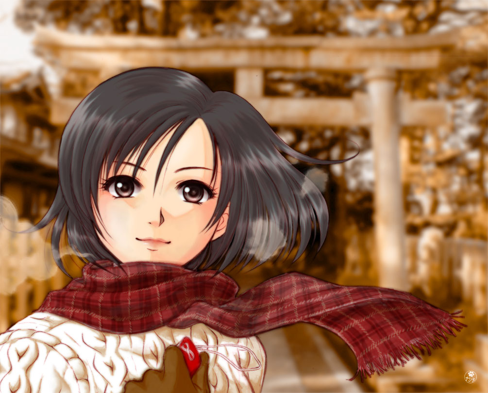 1girl black_eyes black_hair blurry blurry_background brown_gloves gloves hand_on_own_chest harasaki_nozomi holding lips looking_at_viewer medium_hair nashiko_(tinyrelation) outdoors parted_hair patterned_clothing photo_background red_scarf scarf sega shenmue shenmue_i shrine signature smile solo sweater white_sweater