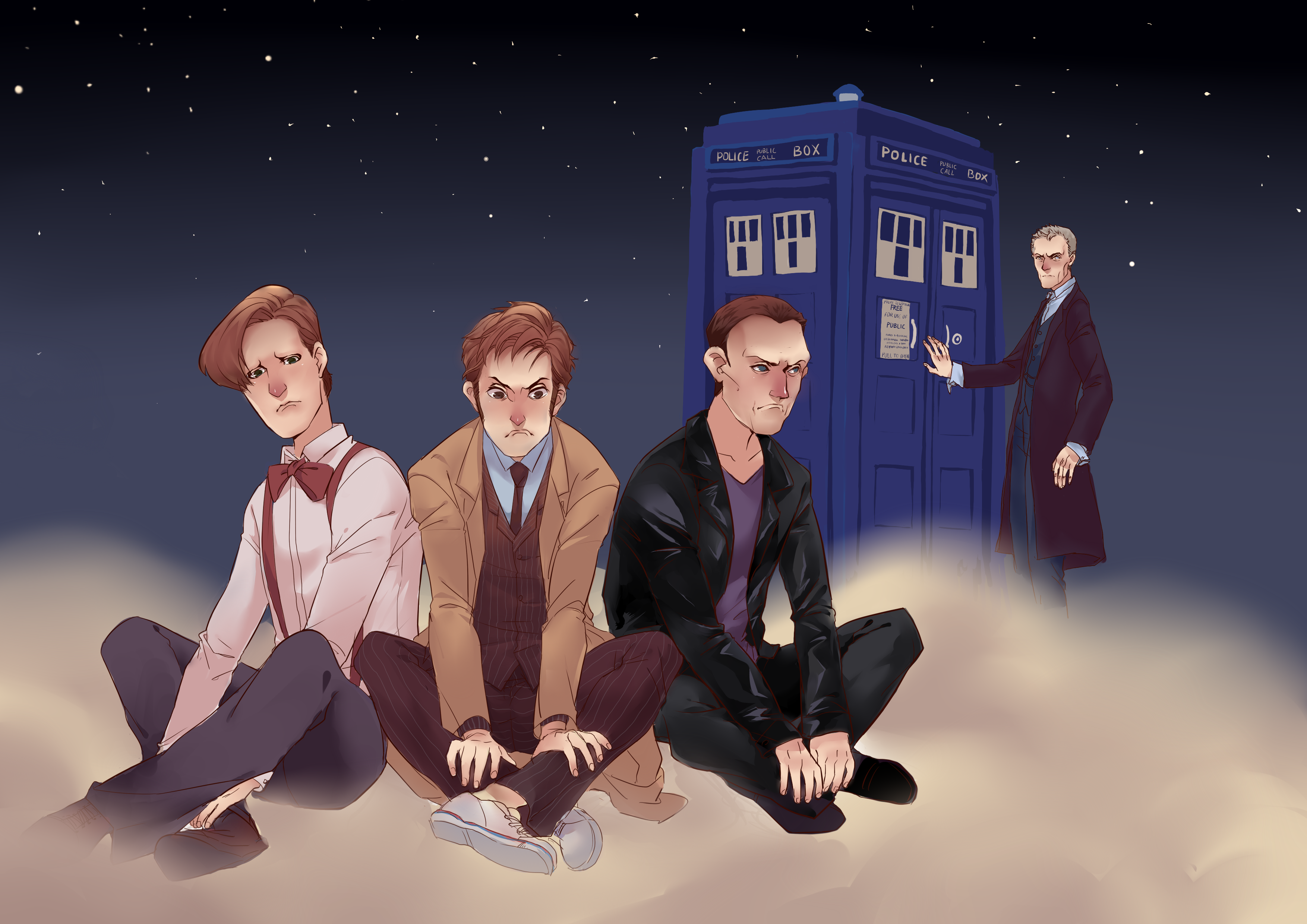 4boys absurdres bow bowtie brown_hair doctor_who eleventh_doctor eleventh_doctor_(doctor_who) formal_clothes frock_coat highres jacket leather leather_jacket male_focus multiple_boys necktie ninth_doctor ninth_doctor_(doctor_who) police_box raincoat red_nose rishangsangan short_hair suit suspenders tardis tenth_doctor tenth_doctor_(doctor_who) the_doctor the_doctor_(doctor_who) time_machine twelfth_doctor twelfth_doctor_(doctor_who)