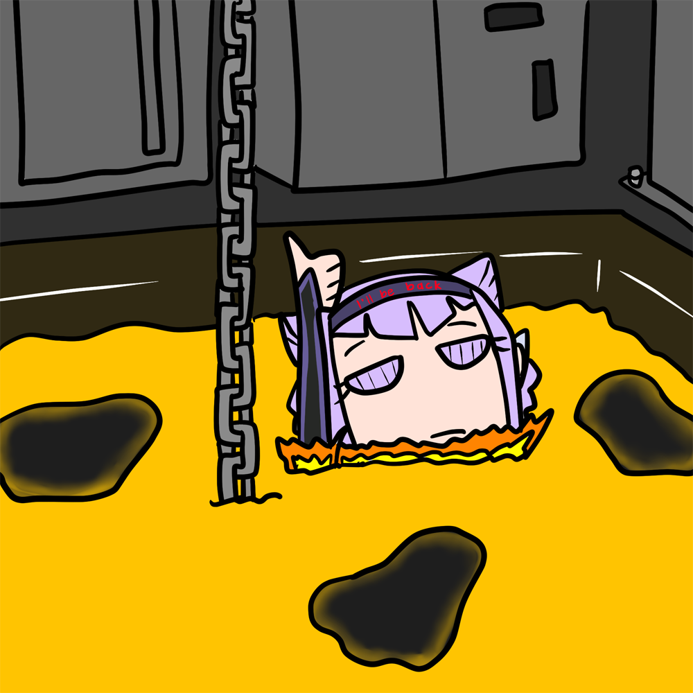 android chibi english_text headband hugtto!_precure hyon melting lava parody precure purple_eyes purple_hair robot ruru_amour terminator_(series) terminator_2:_judgment_day thumbs_up
