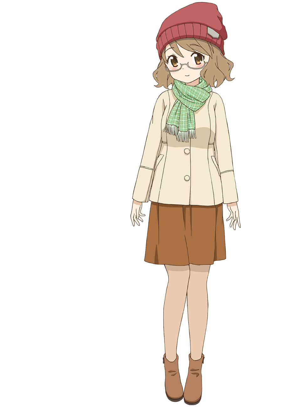 1girl brown_coat brown_hair brown_shoes brown_skirt coat full_body glasses green_scarf hat highres karasuma_sakura kin-iro_mosaic knit_hat long_sleeves official_art red_hat scarf semi-rimless_eyewear shoes short_hair simple_background skirt solo standing tachi-e transparent_background ueta_kazuyuki under-rim_eyewear wavy_hair white-framed_eyewear