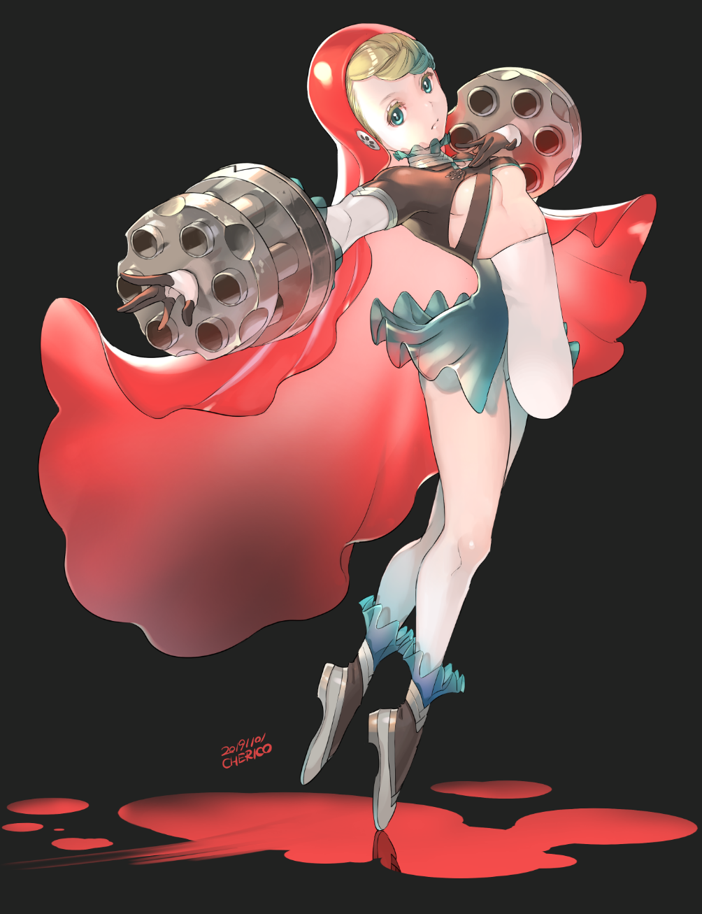 1girl black_background blonde_hair blood breasts cherico cylinder dated female_focus frills green_eyes highres little_red_riding_hood_(fairy_tale) little_red_riding_hood_(fairy_tale_character) no_panties open_cylinder_(revolver) original princess_royale reflection see-through_clothes signature simple_background solo tiptoes turtleneck underboob veil