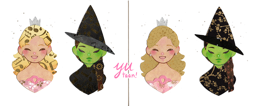 2girls artist_name black_dress black_hair black_hat blonde_hair braid closed_eyes closed_mouth colored_skin commentary cropped_shoulders crown dress earrings elphaba_thropp english_commentary floral_print good_witch_of_the_north green_skin hat high_collar jewelry long_hair mini_crown multiple_girls multiple_views musical_note musical_note_print open_mouth paper_cutout_(medium) papercraft_(medium) patterned_clothing pearl_earrings pink_dress portrait signature silver_crown smile unconventional_media wavy_hair white_background wicked witch witch_hat yutaan
