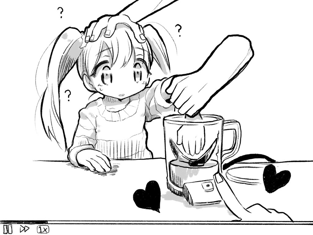 1girl ? blender_(object) confused disembodied_hand fake_video grabbing_another&#039;s_arm greyscale hand_on_another&#039;s_head hand_on_table heart imminent_injury long_hair long_sleeves looking_at_object mero_(o0x0o0o) monochrome original sleeve_pushed_up small_sweatdrop table twintails upper_body user_interface