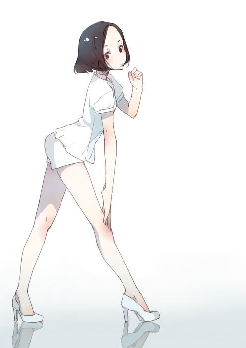1girl black_hair female_focus from_side hand_on_own_knee high_heels jpeg_artifacts mmlu_(honwa_karesu) reflection reflective_floor short_hair short_shorts shorts sketch solo standing white_background