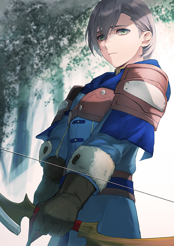 1boy armor ashe_ubert ashe_ubert_(timeskip) black_gloves blue_coat blue_hood bow_(weapon) closed_mouth coat commentary_request cowboy_shot fire_emblem fire_emblem:_three_houses forest freckles frown fur-trimmed_gloves fur_trim gloves green_eyes grey_hair hair_behind_ear holding holding_bow_(weapon) holding_weapon hood hood_down isa_(peien516) leather_armor looking_down looking_to_the_side male_focus nature nintendo parted_bangs pauldrons shoulder_armor solo tree weapon white_fur