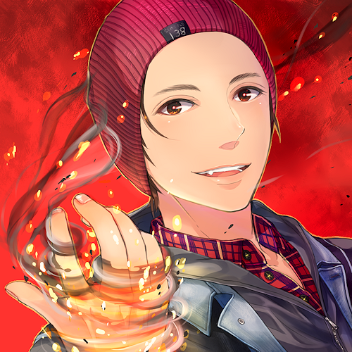 1boy animification beanie brown_eyes delsin_rowe forehead hat infamous infamous_second_son looking_at_viewer lowres male_focus open_mouth red_background ritsu_(0015-xxxlxxxr) smoke solo