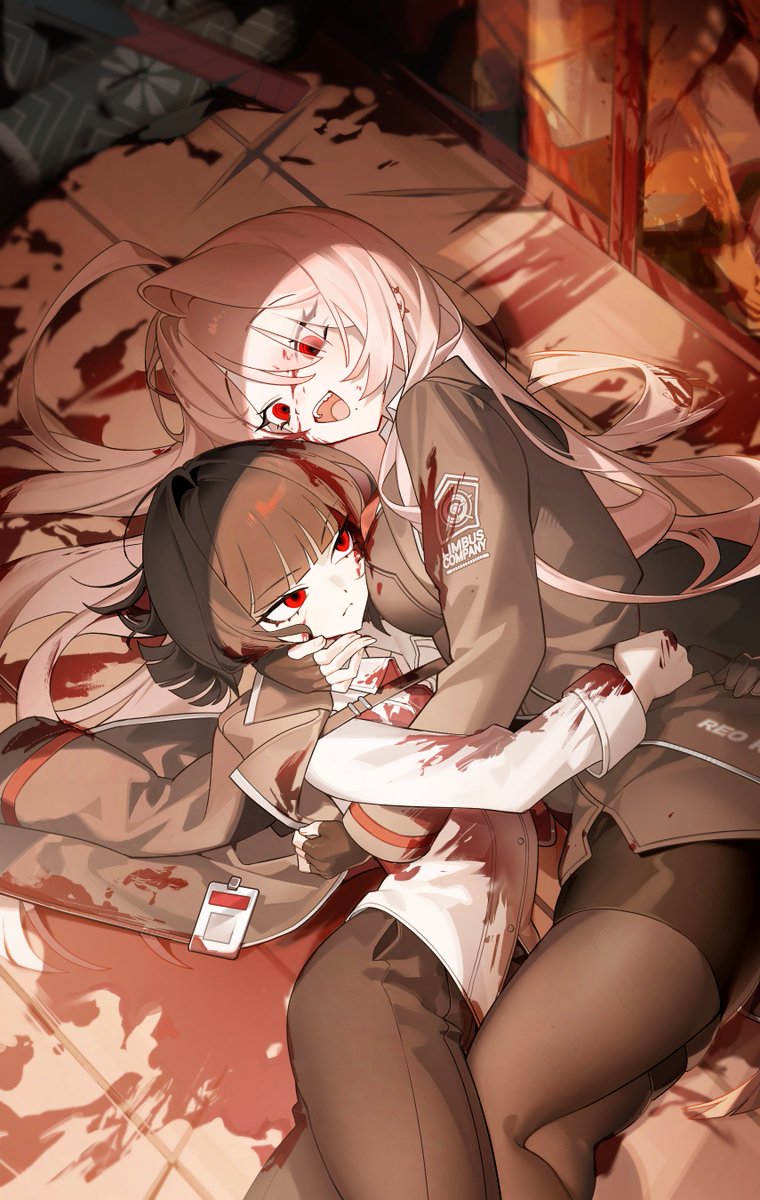 2girls ahoge black_coat black_hair black_pants black_pantyhose black_skirt blood blood_on_clothes blood_on_face blood_on_ground bob_cut coat collared_shirt cowboy_shot highres hug lapels limbus_company long_hair multiple_girls notched_lapels ootachi open_mouth original pants pantyhose pencil_skirt pink_hair project_moon red_eyes reo_(rw0419) rw0419 ryoshu_(project_moon) shirt short_hair skirt smile very_long_hair white_shirt yuri