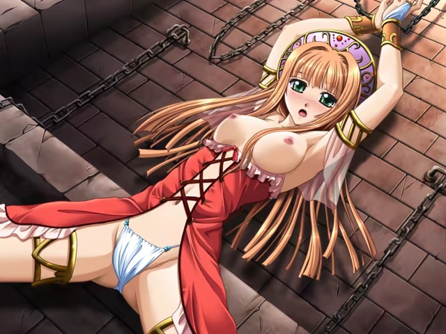 1girl arms_up bdsm blush bondage bound breasts chain dress eushully female_focus game_cg green_eyes hat hatozuki_tsumiki imminent_rape indoors jewelry long_hair looking_at_viewer lots_of_jewelry meishoku_no_reiki nipples no_bra open_mouth orange_hair panties spoils spread_legs underwear