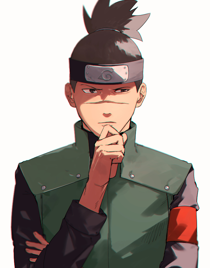 1boy armband black_headband black_shirt brown_eyes brown_hair closed_mouth green_vest hand_on_own_chin headband male_focus mirin_(coene65) naruto_(series) red_armband scar scar_on_face shirt simple_background solo straight-on thinking topknot umino_iruka upper_body vest white_background