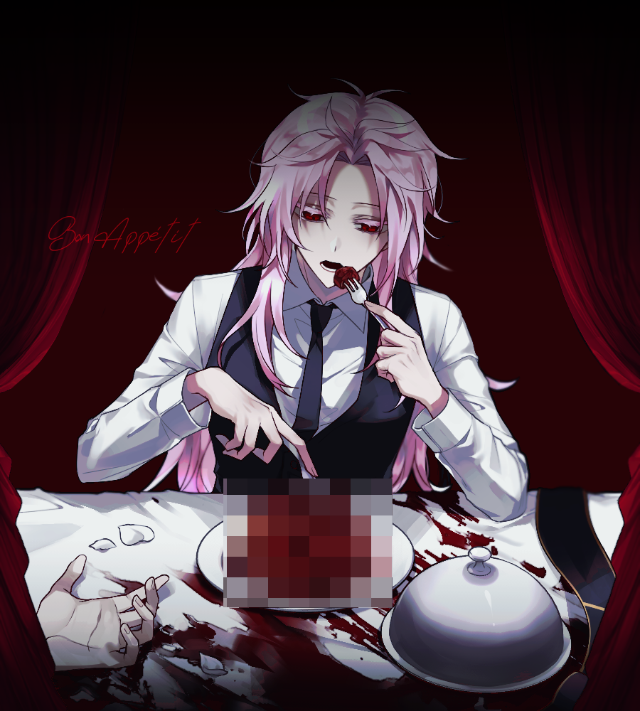 1boy black_necktie black_vest blood censored collared_shirt colored_eyelashes curtains fork haebu hatsutori_hajime holding holding_fork implied_cannibalism long_hair long_sleeves male_focus mosaic_censoring necktie open_mouth parted_bangs pink_hair plate red_eyes saibou_shinkyoku serving_dome shirt solo stage_curtains upper_body vest white_petals white_shirt