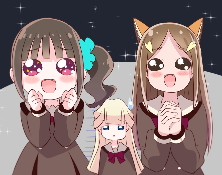 3girls animal_ears aqua_scrunchie blonde_hair blue_eyes blush bowtie brown_cardigan brown_eyes brown_hair brown_shirt cardigan closed_mouth fox_ears kitsunezaki_(wonderful_precure!) long_hair long_sleeves medium_hair mitumi_mira multiple_girls nekoyashiki_mayu nekoyashiki_yuki open_mouth pink_bow pink_bowtie precure purple_eyes school_uniform scrunchie second_wangan_school_uniform shirt side_ponytail smile sparkle sparkling_eyes wonderful_precure!