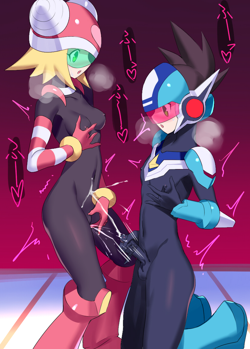 1boy 1girl blonde_hair breasts cum female_ejaculation female_masturbation female_orgasm geo_stelar_(mega_man) green-tinted_eyewear harp_note_(mega_man) helmet male_masturbation masturbation mega_man_(series) mega_man_star_force_(series) mutual_masturbation mutual_orgasm nipple_stimulation orgasm small_breasts sonia_strumm_(mega_man) tagme tinted_eyewear ukimukai visor_cap
