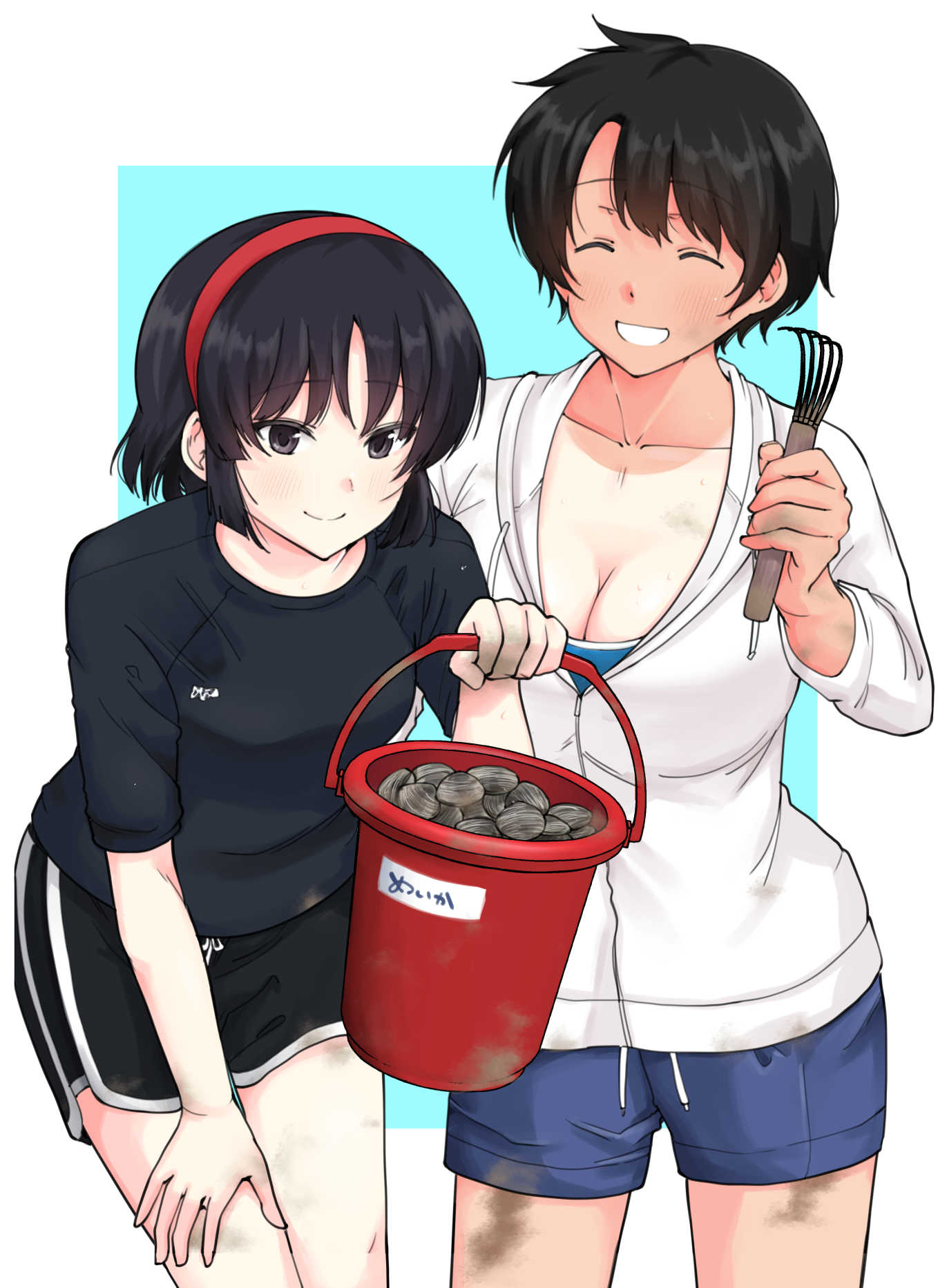 2girls black_eyes black_hair black_shirt black_shorts blue_background blue_shorts border breasts bucket cleavage closed_eyes closed_mouth collarbone cowboy_shot dirty dirty_clothes grin hairband hand_on_lap hashtag-only_commentary highres holding holding_bucket jacket kujou_meika large_breasts leaning_forward meika-san_wa_oshikorosenai multiple_girls oka_miyako outside_border red_hairband saitou_shouki seashell shell shirt short_hair shorts small_breasts smile standing tan tanline white_border white_jacket