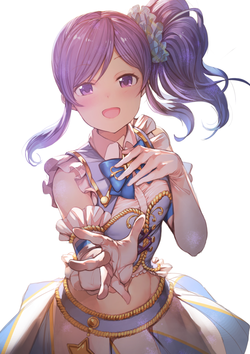 1girl aikatsu! aikatsu!_(series) blue_bow blush bow commentary elbow_gloves female_focus frilled_gloves frills gloves hair_ornament hair_scrunchie hand_on_own_chest highres idol kiriya_aoi koruse long_hair looking_at_viewer midriff multicolored_skirt open_mouth purple_eyes scrunchie shirt side_ponytail simple_background skirt sleeveless sleeveless_shirt solo star_(symbol) white_background