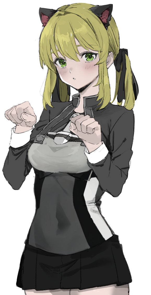 1girl animal_ears black_ribbon black_skirt blonde_hair blush breasts cat_ears green_eyes hair_between_eyes hair_ribbon jacket kantai_collection long_sleeves looking_at_viewer medium_breasts miniskirt neju parted_lips paw_pose pleated_skirt prinz_eugen_(kancolle) ribbon sidelocks simple_background skirt solo spot_color twintails white_background