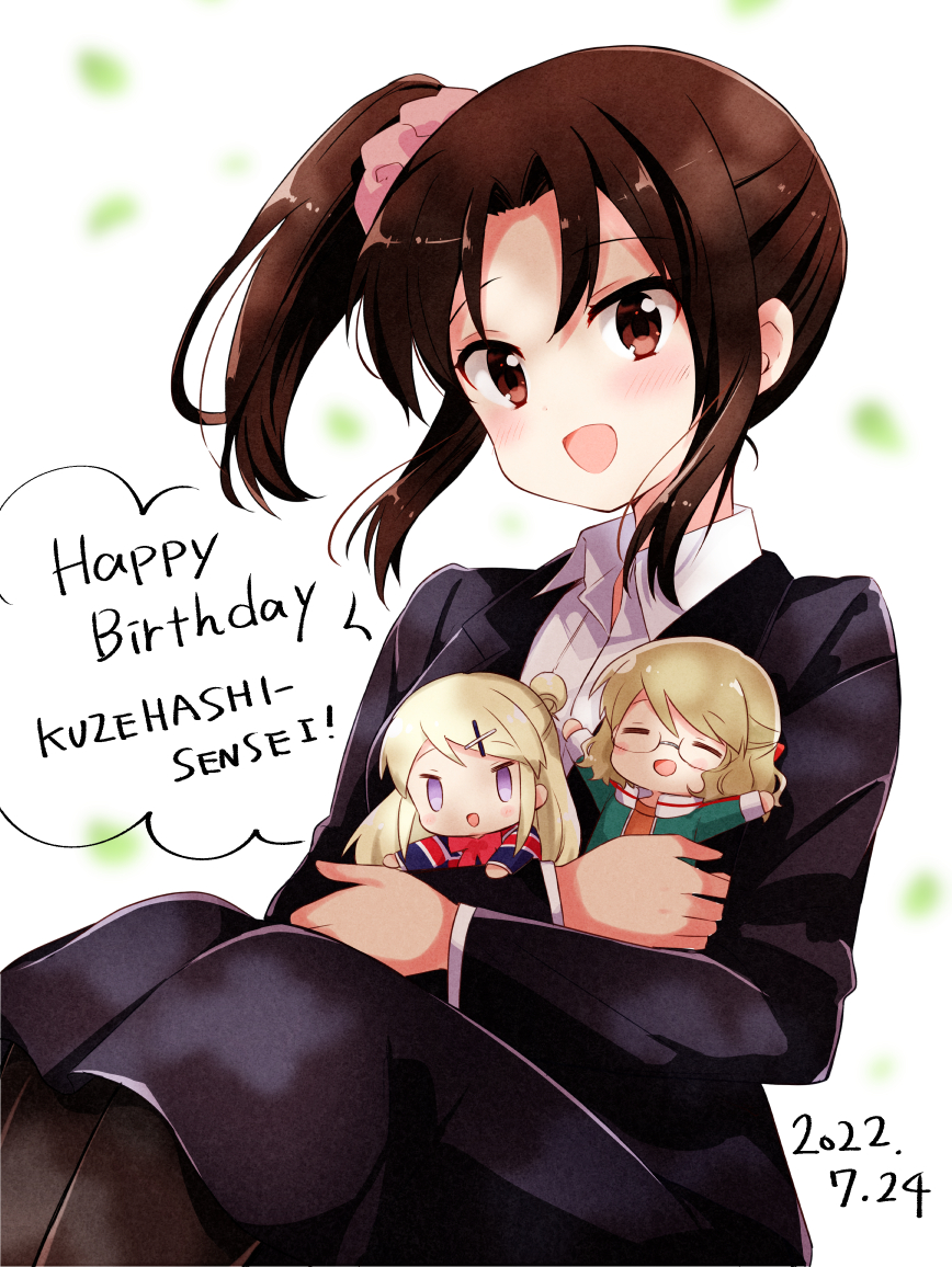 3girls :d =_= arms_up birthday blazer blonde_hair blurry blurry_background bow breasts brown_eyes brown_hair carrying carrying_person chibi closed_eyes collared_shirt commentary_request cowboy_shot dated hugging_doll english_text falling_leaves floating_hair green_jacket hair_bun hair_ornament hara_yui jacket karasuma_sakura kin-iro_mosaic kujou_karen kuzehashi_akari leaf light_blush long_hair looking_at_viewer medium_breasts medium_hair mixed-language_text multiple_girls hugging_object official_art open_mouth pink_scrunchie purple_eyes raised_eyebrows red_bow romaji_text scrunchie shiny_clothes shirt side_ponytail simple_background sitting smile solo_focus stuffed_toy tareme teacher teacher_and_student track_jacket tsurime union_jack_print very_long_hair white_background x_hair_ornament