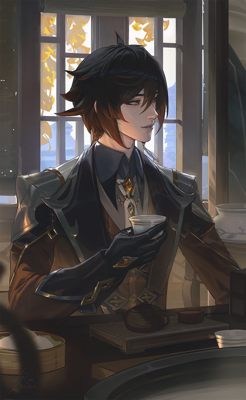 1boy black_gloves black_hair blurry blurry_foreground brown_eyes brown_hair brown_suit commentary cup earrings formal_clothes genshin_impact gloves gradient_hair hair_between_eyes highres holding holding_cup indoors jewelry leaf male_focus multicolored_hair necktie parted_lips raikoart single_earring sitting solo suit table tassel tassel_earrings teacup teapot tray white_necktie window wooden_tray zhongli_(genshin_impact)