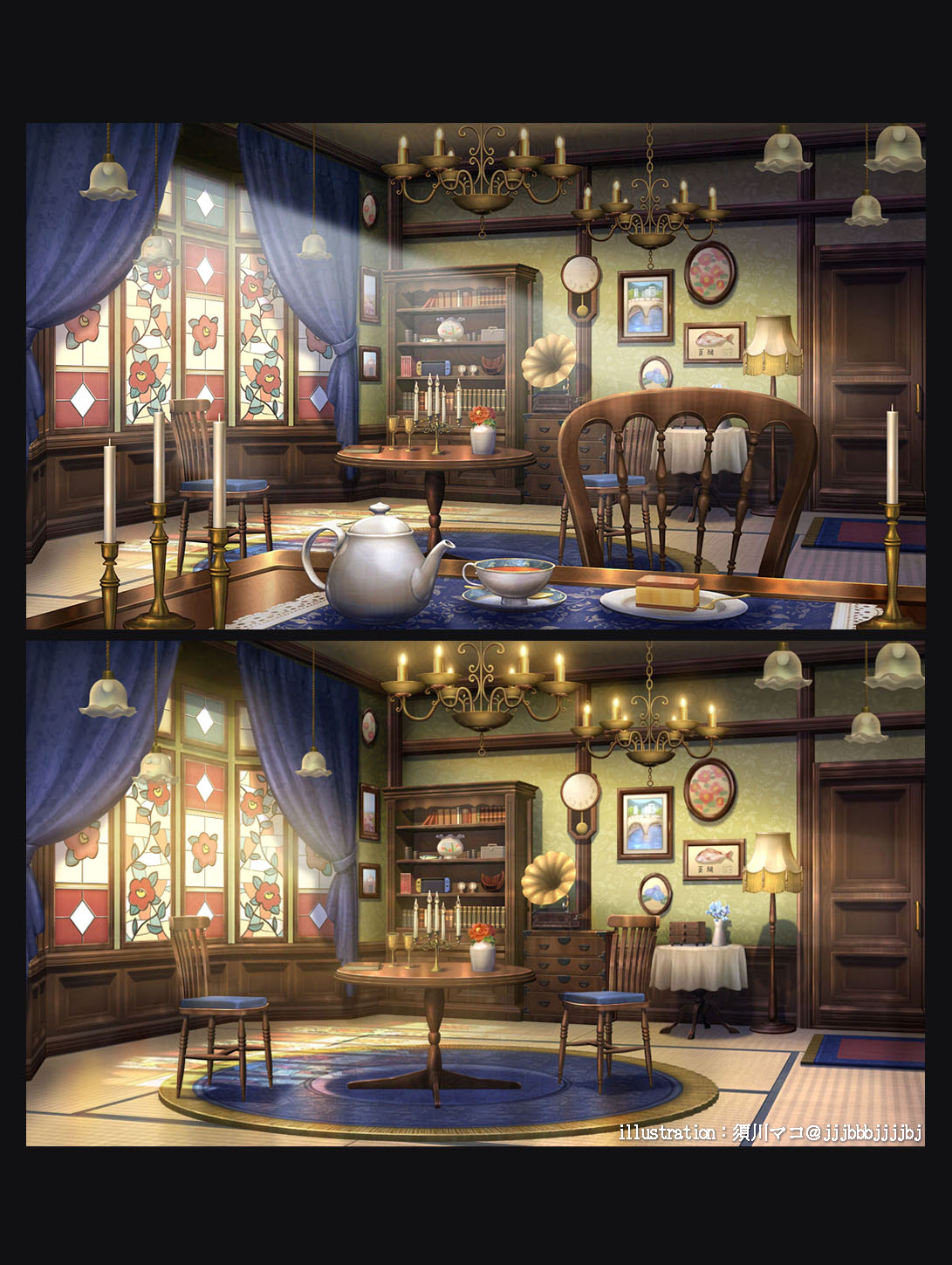 artist_name black_border blue_flower book bookshelf border box cake camellia candelabra candle candlestand castella_(food) castella_yoriko chair chalice chandelier clock cup curtains day door drawer fishbowl flower food fork grandfather_clock handheld_game_console hanging_light highres indoors lamp no_humans official_art painting_(object) phonograph photo_(object) picture_frame placemat plate red_flower rug saucer scenery stained_glass sugawa_mako table tablecloth tatami tea teacup teapot v-nyaren variations vase window