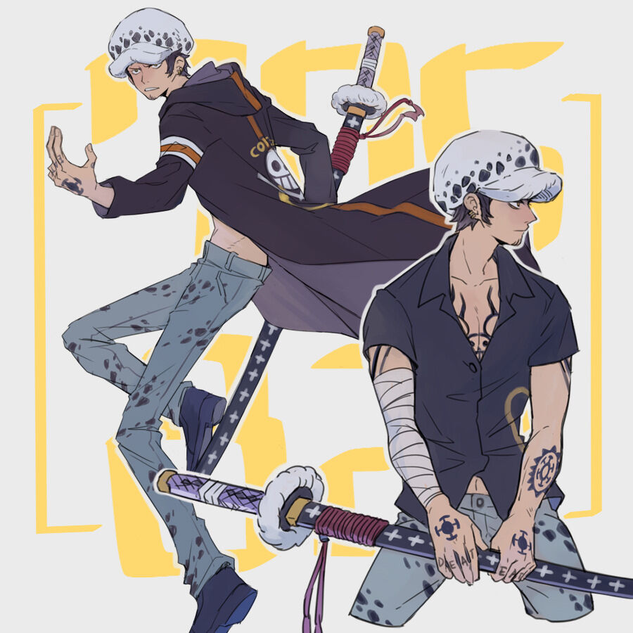 arm_tattoo bandaged_arm bandages black_shirt chest_tattoo coat denim earrings facial_hair fur_hat hand_tattoo hand_up hat holding holding_sheath holding_sword holding_weapon jeans jewelry long_sleeves looking_to_the_side male_focus multiple_views official_alternate_costume one_piece open_clothes open_coat pants sheath sheathed shirt short_sleeves simple_background sword tattoo trafalgar_law weapon yurichi_(artist)