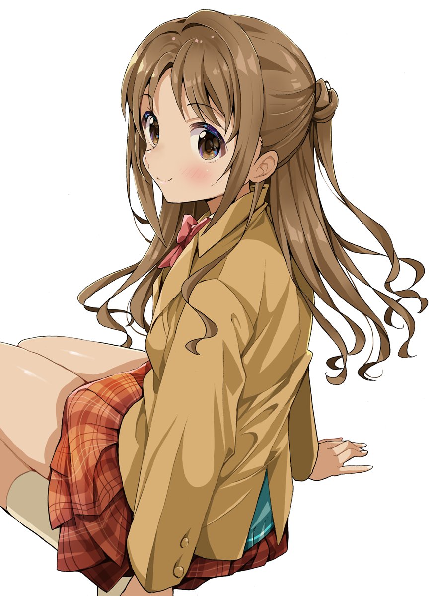 1girl blazer blush bow bowtie brown_hair brown_jacket highres idolmaster idolmaster_cinderella_girls jacket long_hair long_sleeves looking_at_viewer looking_to_the_side michii_yuuki plaid_clothes plaid_skirt pleated_skirt red_bow red_bowtie red_skirt school_uniform shimamura_uzuki simple_background sitting skirt smile solo very_long_hair wariza white_background