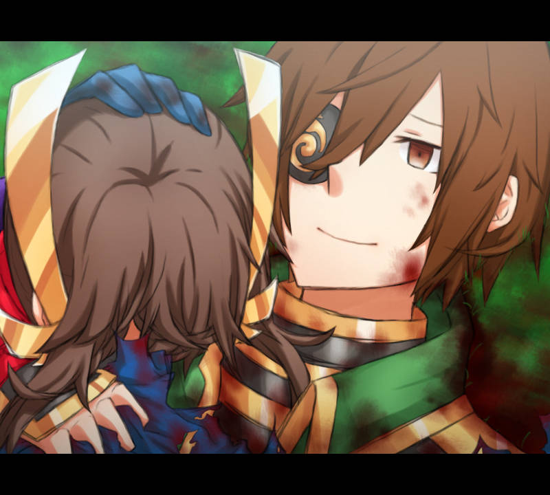 armor batensan blood blood_on_clothes blood_on_face brown_eyes brown_hair comforting crying date_masamune date_masamune_(sengoku_musou) eyepatch grass hair_between_eyes hair_ornament hand_on_another&#039;s_head heroine_(pokemon_conquest) long_bangs long_hair lying nintendo pokemon pokemon_conquest sengoku_musou smile torn_clothes vambraces