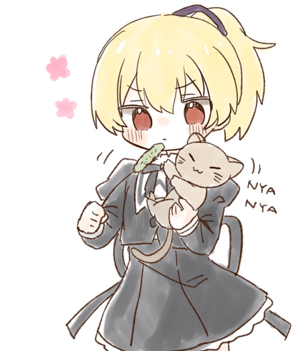 1girl :3 =_= andou_tazusa animal assault_lily black_ribbon black_skirt blonde_hair blush buttons cat cat_teaser closed_eyes closed_mouth commentary_request cowboy_shot cropped_jacket flower_symbol hair_ribbon hands_up high-waist_skirt high_ponytail holding holding_animal holding_cat holding_cat_teaser juliet_sleeves long_sleeves looking_at_animal miniskirt motion_lines neck_ribbon no_pupils ponytail puffy_sleeves purple_ribbon red_eyes ribbon school_uniform short_hair simple_background skirt solo standing v-shaped_eyebrows white_background yubari_lemon_(lemonlilie) yurigaoka_girls_academy_school_uniform