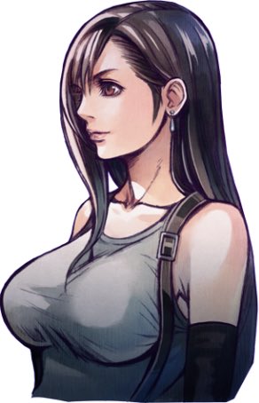 1girl bare_shoulders black_gloves black_hair black_suspenders breasts closed_mouth collarbone commentary cropped_arms cropped_torso earrings elbow_gloves english_commentary expressionless eyelashes final_fantasy final_fantasy_vii final_fantasy_vii_g-bike from_side game_cg gloves hair_over_shoulder jewelry large_breasts long_hair looking_ahead lowres nomura_tetsuya official_art pink_lips profile red_eyes simple_background solo swept_bangs tank_top teardrop_earrings third-party_source tifa_lockhart white_background white_tank_top