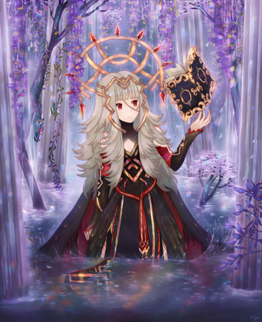 1girl bad_id bad_pixiv_id book cape crown female_focus fire_emblem fire_emblem_heroes flower forest leaf lijupy long_hair nature nintendo red_eyes reflection solo tree veronica_(fire_emblem) water white_hair