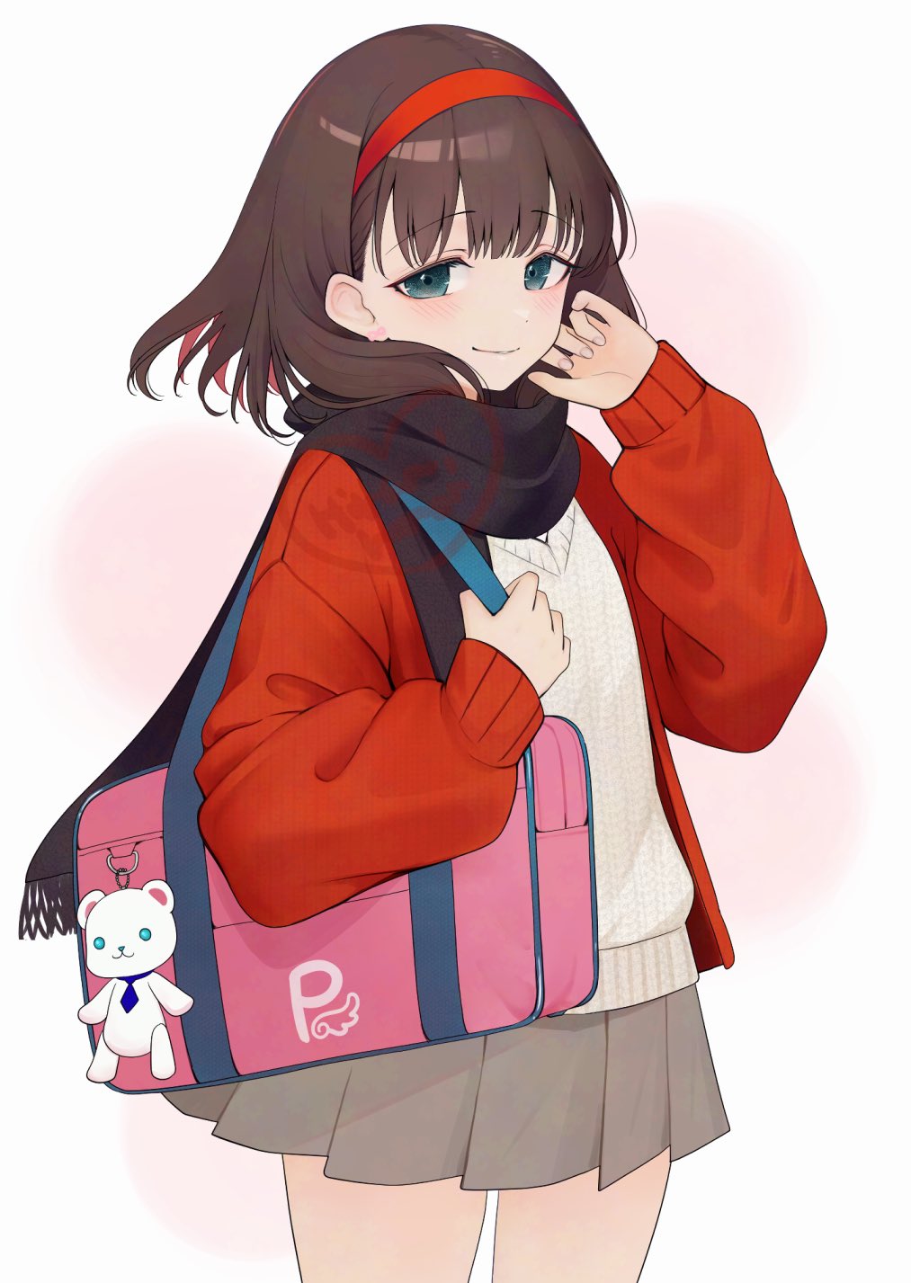 1girl bag black_scarf blue_eyes blush breasts brown_hair cardigan closed_mouth cowboy_shot dot_nose duffel_bag floating_hair forehead grey_skirt hairband hand_in_own_hair highres idolmaster idolmaster_cinderella_girls idolmaster_cinderella_girls_starlight_stage light_smile long_sleeves looking_at_viewer medium_hair miniskirt open_cardigan open_clothes parted_lips pink_bag pleated_skirt red_cardigan red_hairband sakuma_mayu saltylemontea scarf simple_background skirt small_breasts solo standing stuffed_animal stuffed_toy sweater teddy_bear white_sweater