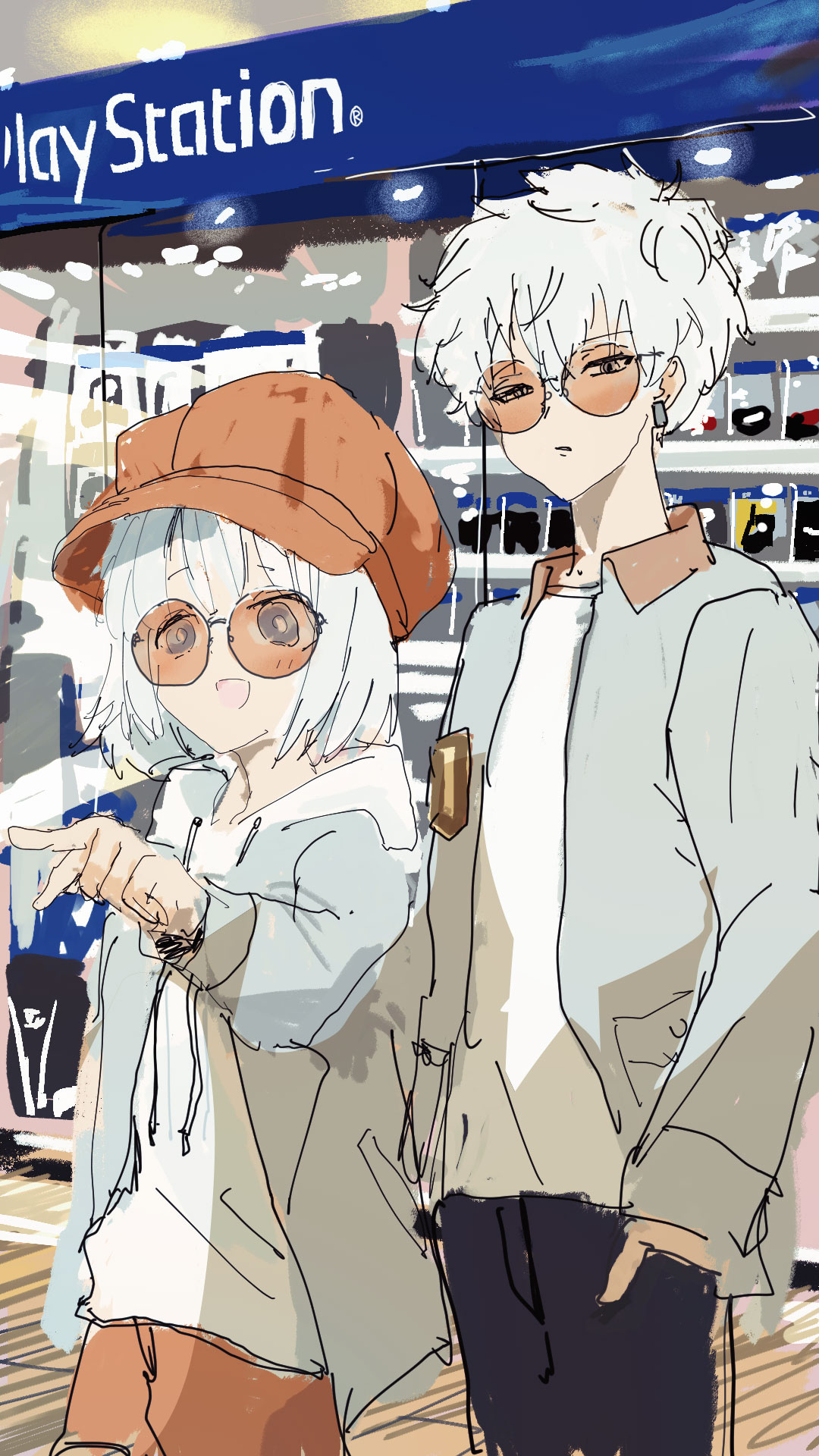 1boy 1girl behind_another black_pants cabbie_hat closed_mouth coeiroink commentary_request earrings grey_eyes grey_jacket hand_in_pocket hat highres hood hood_down hoodie indoors jacket jacket_over_hoodie jewelry kabuyama_kaigi kanata_(coeiroink) long_sleeves open_clothes open_jacket open_mouth orange-tinted_eyewear orange_hat orange_pants pants playstation_logo pointing reco_(coeiroink) shirt shop shopping short_hair smile standing sunglasses tinted_eyewear white_hair white_hoodie white_shirt