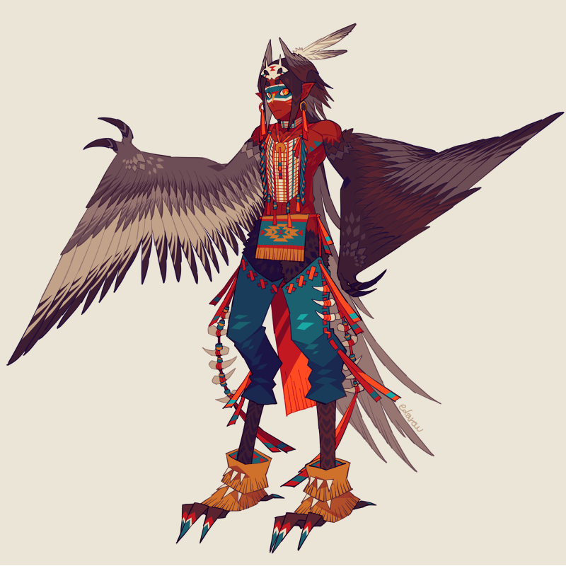 1boy animal_feet bird_legs bird_tail bird_wings brown_hair brown_wings claws commentary_request dark-skinned_male dark_skin edarow feather_hair feather_hair_ornament feathered_wings feathers full_body hair_ornament harpy_boy head_wings long_hair looking_at_viewer male_focus monster_boy native_american orange_eyes original pelvic_curtain pointy_ears simple_background solo standing tail very_long_hair winged_arms wings yellow_background