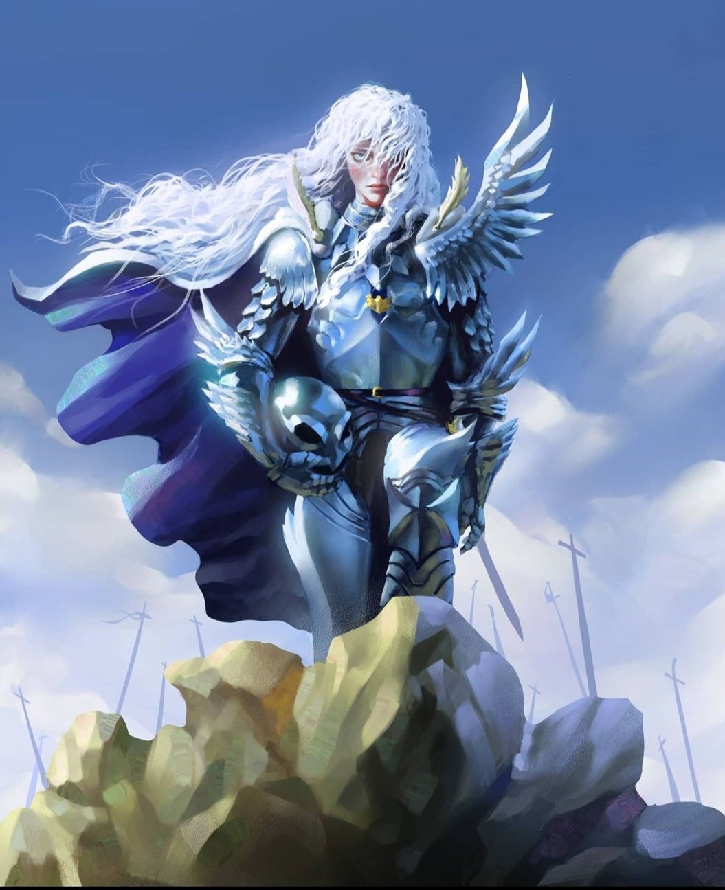 1boy armor berserk bishounen blue_eyes breastplate cape cloud gorget griffith_(berserk) hair_over_one_eye helmet highres javi_martinez long_hair multiple_swords planted planted_sword planted_weapon purple_cape solo standing sword vambraces weapon white_hair