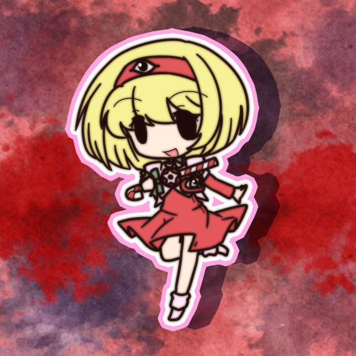 00s 0_0 1girl :d bad_id bad_pixiv_id blonde_hair candy candy_cane chibi dai_mahou_touge dress female_focus food fushigi_ebi hairband holding holding_candy holding_candy_cane holding_food open_mouth outline smile solid_oval_eyes solo tanaka_punie