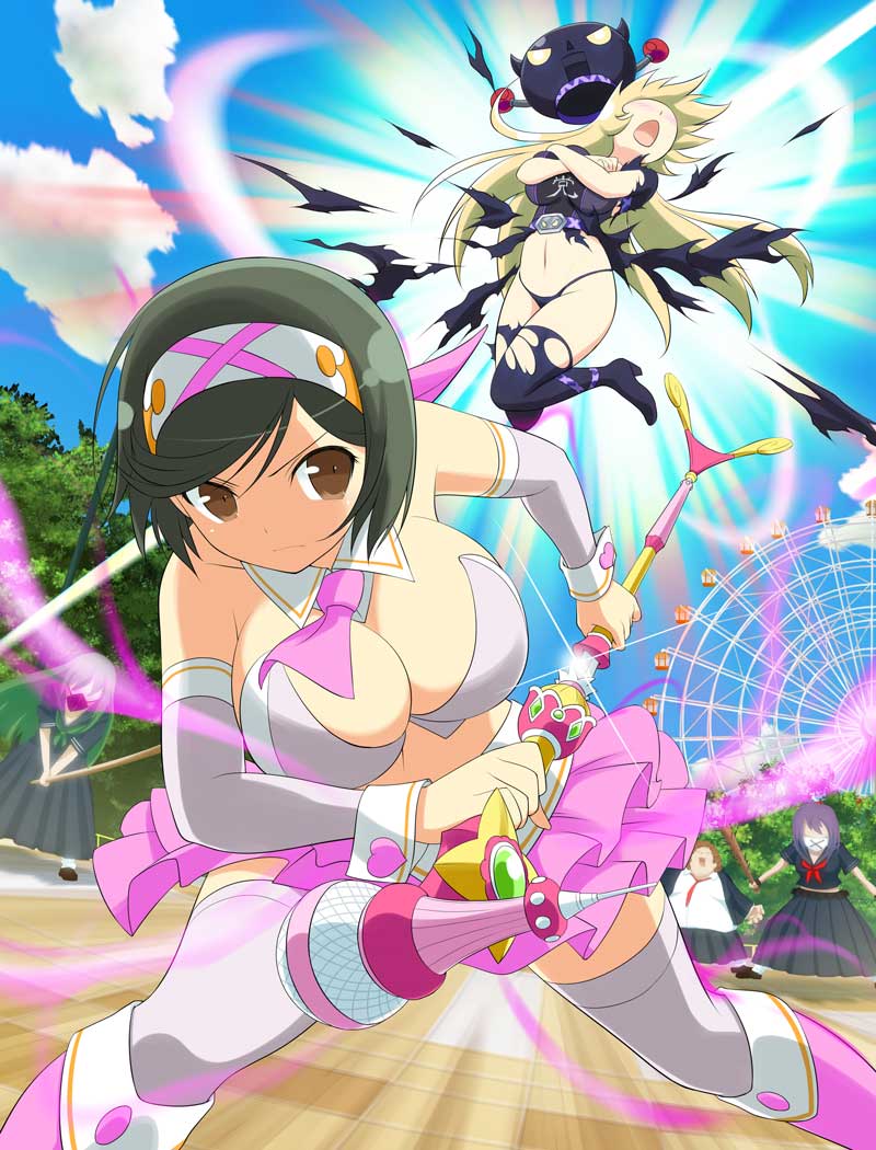 5girls aura battle battoujutsu_stance black_boots black_hair black_panties black_thighhighs blonde_hair bokken boots border bra breasts brown_eyes brown_hair character_name cleavage closed_mouth cloud day delinquent detached_collar detached_sleeves english_text exploding_clothes fat fat_woman ferris_wheel fighting fighting_stance frilled_skirt frills frown game_cg green_hair grey_bra grey_sleeves hairband headband heart high_heel_boots high_heels hiroko_(senran_kagura) holding holding_microphone holding_microphone_stand holding_sword holding_weapon katana large_breasts leaning_forward linea_alba long_hair long_skirt mai_(senran_kagura) mask microphone microphone_stand midriff miniskirt mouth_mask multicolored_hairband multiple_girls multiple_others navel necktie non-web_source official_alternate_costume official_art open_mouth outdoors panties pink_boots pink_hairband pink_headband pink_necktie pink_thighhighs pink_vest plant pleated_skirt purple_hair ready_to_draw robot school_uniform senran_kagura senran_kagura_new_wave sheathed_cut sheathing shirt short_hair skirt solo_focus sparkle standing sukeban swept_bangs sword thigh_boots thighhighs torn_clothes torn_shirt torn_thighhighs tree two-tone_bra underwear very_long_hair vest weapon white_bra white_hairband white_thighhighs white_wrist_cuffs wooden_sword wrist_cuffs yellow_hairband yellow_trim