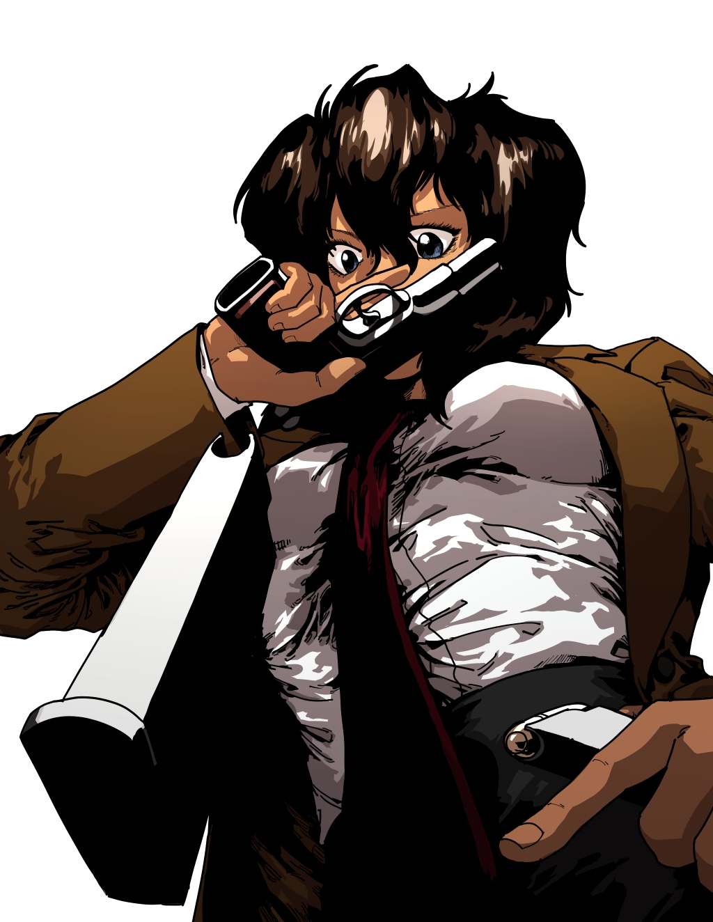 1girl black_hair blue_eyes brown_jacket bullet cz_75 gun gunsmith_cats handgun highres holding holding_gun holding_magazine holding_weapon jacket magazine_(object) magazine_(weapon) necktie rally_vincent red_necktie reloading rocklobster52s shirt solo trigger_discipline weapon white_background white_shirt