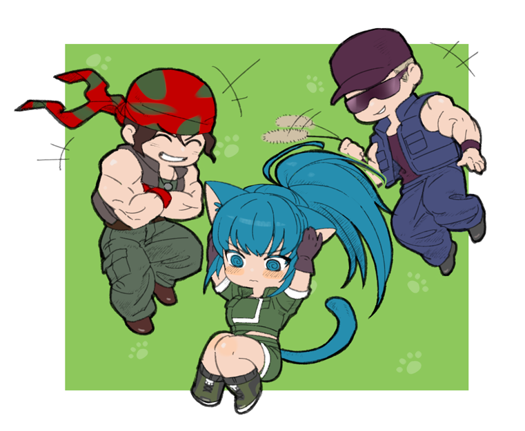 1girl animal_ears animal_print bandana baseball_cap blonde_hair blue_eyes blue_hair brown_hair cat_ears cat_girl cat_print chibi clark_still dog_tags full_body gloves green_shorts hat ikari_warriors leona_heidern mini_person multiple_boys ralf_jones shorts sunglasses the_king_of_fighters vest yaka_(kk1177)