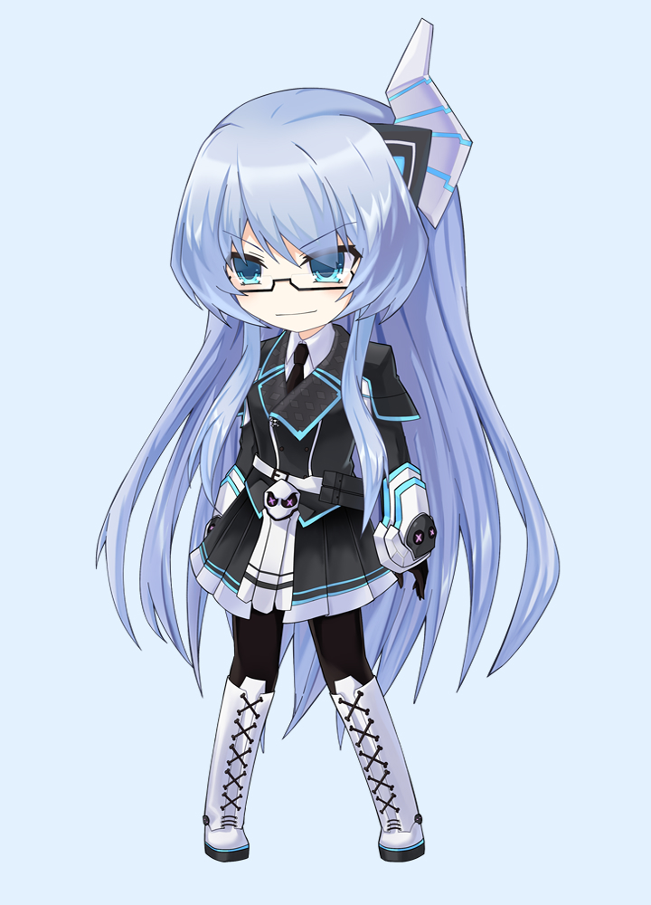 1girl black_dress black_necktie blue_eyes blue_hair boots choujigen_game_neptune closed_mouth collared_shirt dress glasses horns kami_jigen_game_neptune_v kiseijou_rei knee_boots lace-up_boots long_hair multicolored_dress necktie neptune_(series) semi-rimless_eyewear shirt sigiswald single_horn solo v-shaped_eyebrows white_boots