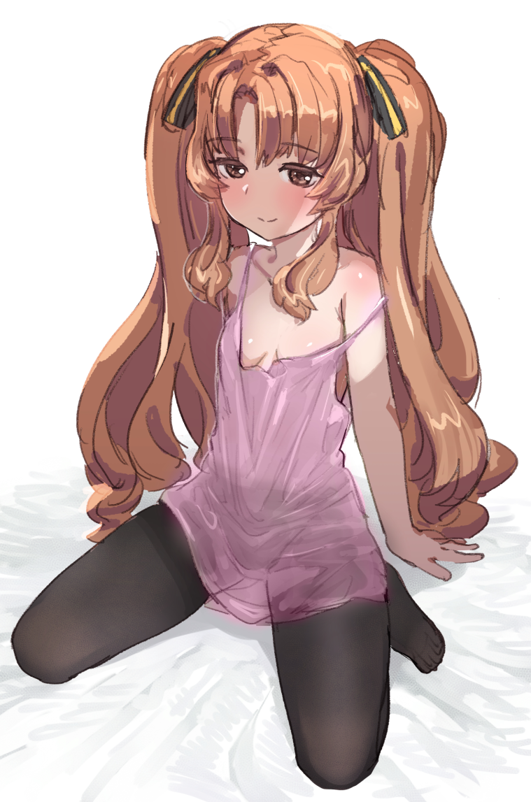 1girl ano_natsu_de_matteru black_pantyhose blush bow_(bhp) breasts brown_eyes brown_hair hair_ribbon long_hair looking_at_viewer nightgown no_bra pantyhose ribbon seductive_smile sitting small_breasts smile solo strap_slip twintails wariza white_background yamano_remon