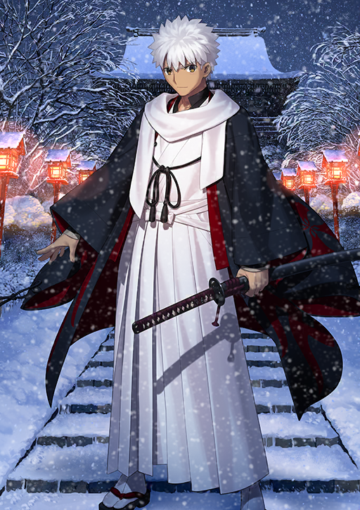 1boy architecture arm_at_side black_haori black_sandals brown_eyes clenched_hand closed_mouth dark-skinned_male dark_skin east_asian_architecture emiya_shirou fate/grand_order fate_(series) foot_out_of_frame game_cg hakama haori holding holding_sheath holding_sword holding_weapon japanese_clothes katana kimono legs_apart light_smile long_sleeves looking_to_the_side male_focus official_art sandals scarf senji_muramasa_(fate) senji_muramasa_(third_ascension)_(fate) sheath sheathed short_hair snow snowing socks solo spiked_hair standing sword tabi takeuchi_takashi third-party_source v-shaped_eyebrows variant_set weapon white_hair white_hakama white_kimono white_scarf white_socks wide_sleeves zouri