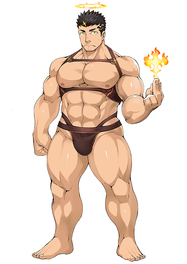 1boy abs alpha_transparency bara barefoot belt biceps black_hair chest_harness clenched_hands facial_hair half-closed_eyes halo harness large_pectorals leather male_focus male_underwear manly mature_male muscular muscular_arms muscular_legs muscular_male naop_(anything) nipples no_pants official_alternate_costume official_art pectorals solo sparkle spiked_hair stubble surprised thick_eyebrows thighs third-party_source tokyo_houkago_summoners topless_male transparent_background underwear yellow_eyes zabaniyya_(fashionista_swimsuit)_(housamo) zabaniyya_(housamo)